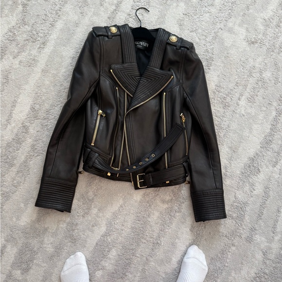 Balmain Dark Leather Jacket with Gold Accents
